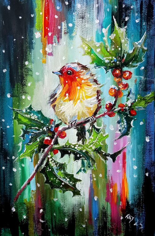 Robin at snowfall by Kovács Anna Brigitta