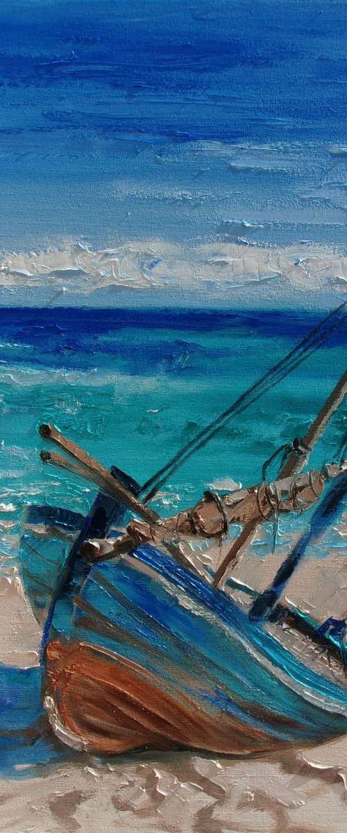 " RELAX IN BLUE " SHIP BOAT SAIL original painting palette knife GIFT MODERN URBAN ART OFFICE ART DECOR HOME DECOR GIFT IDEA by Monika Luniak