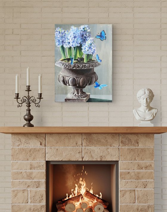 Floral acrylic blue hyacinths in vase