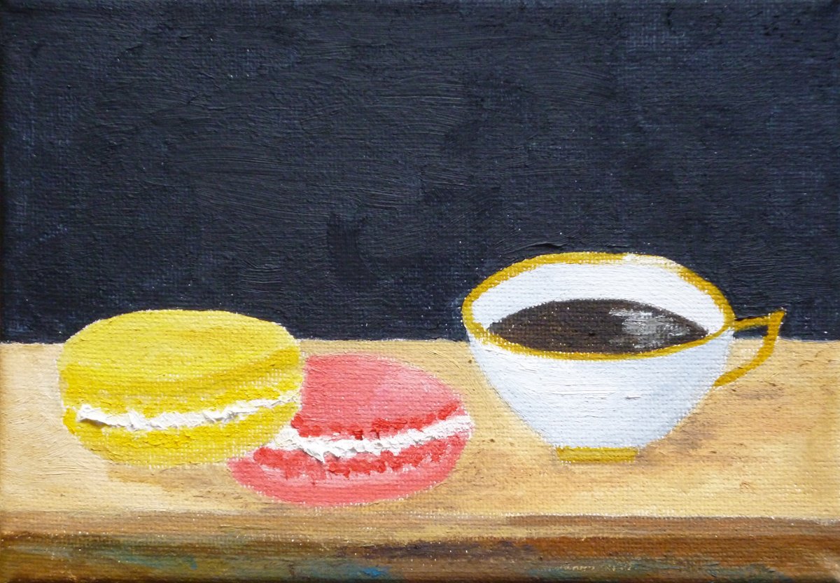 Impressionistic Still Life Oil Painting By Maddalena Pacini, 7 X 5", Macarons And Coffee, Original Artwork