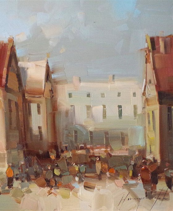 Cityscape, Figures on the Street, Original oil painting  Handmade artwork One of a kind, Signed