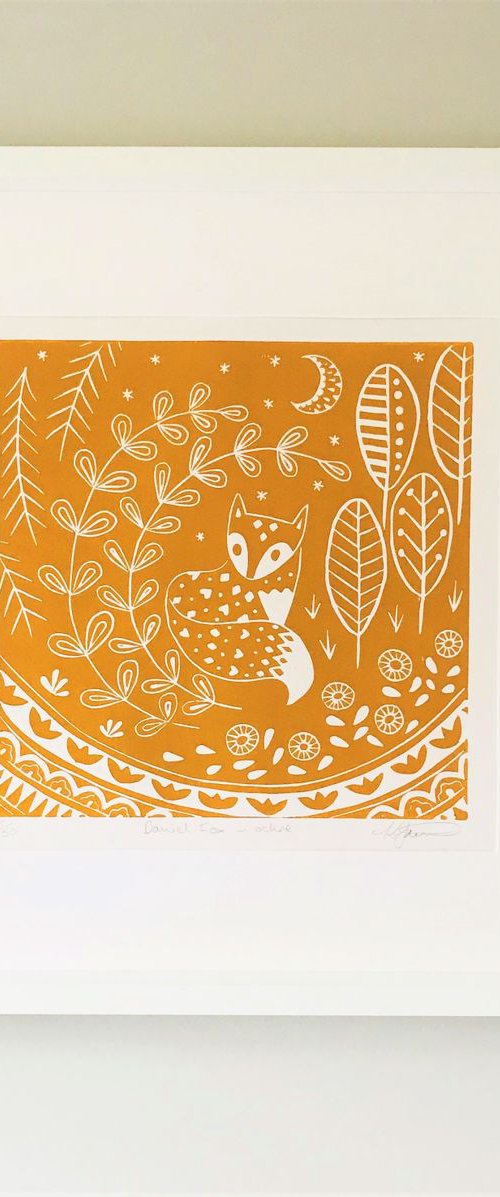 Daniel Fox in ochre, limited edition scandinavian folk art, linocut print by Katie Farrell