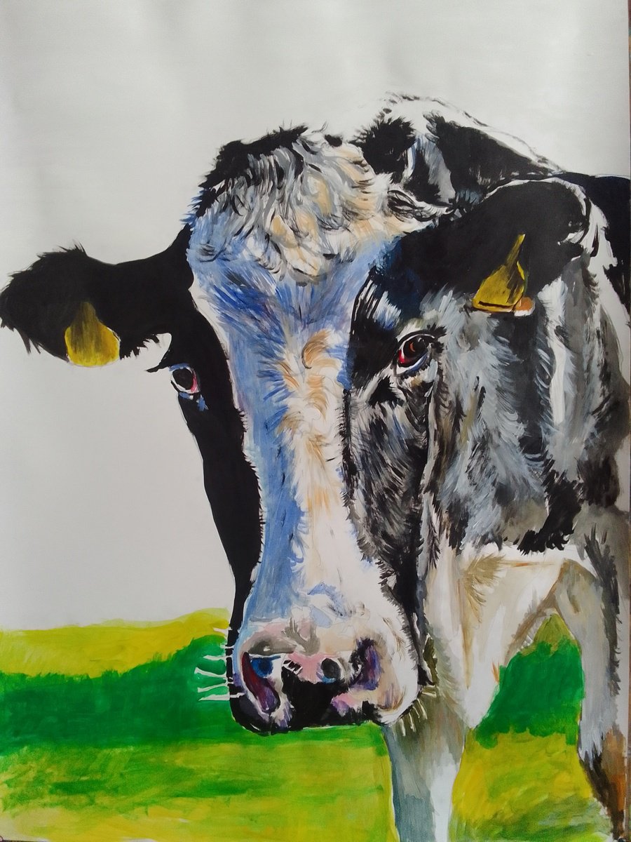 Impressionistic Animal Acrylic Painting By Soso Kumsiashvili, 24 X 33", Cow, Original Artwork