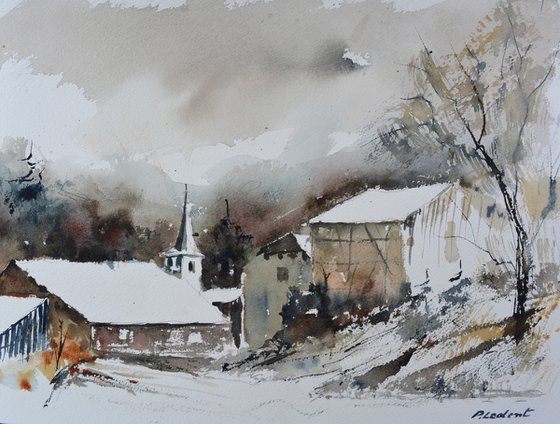 village in winter watercolor