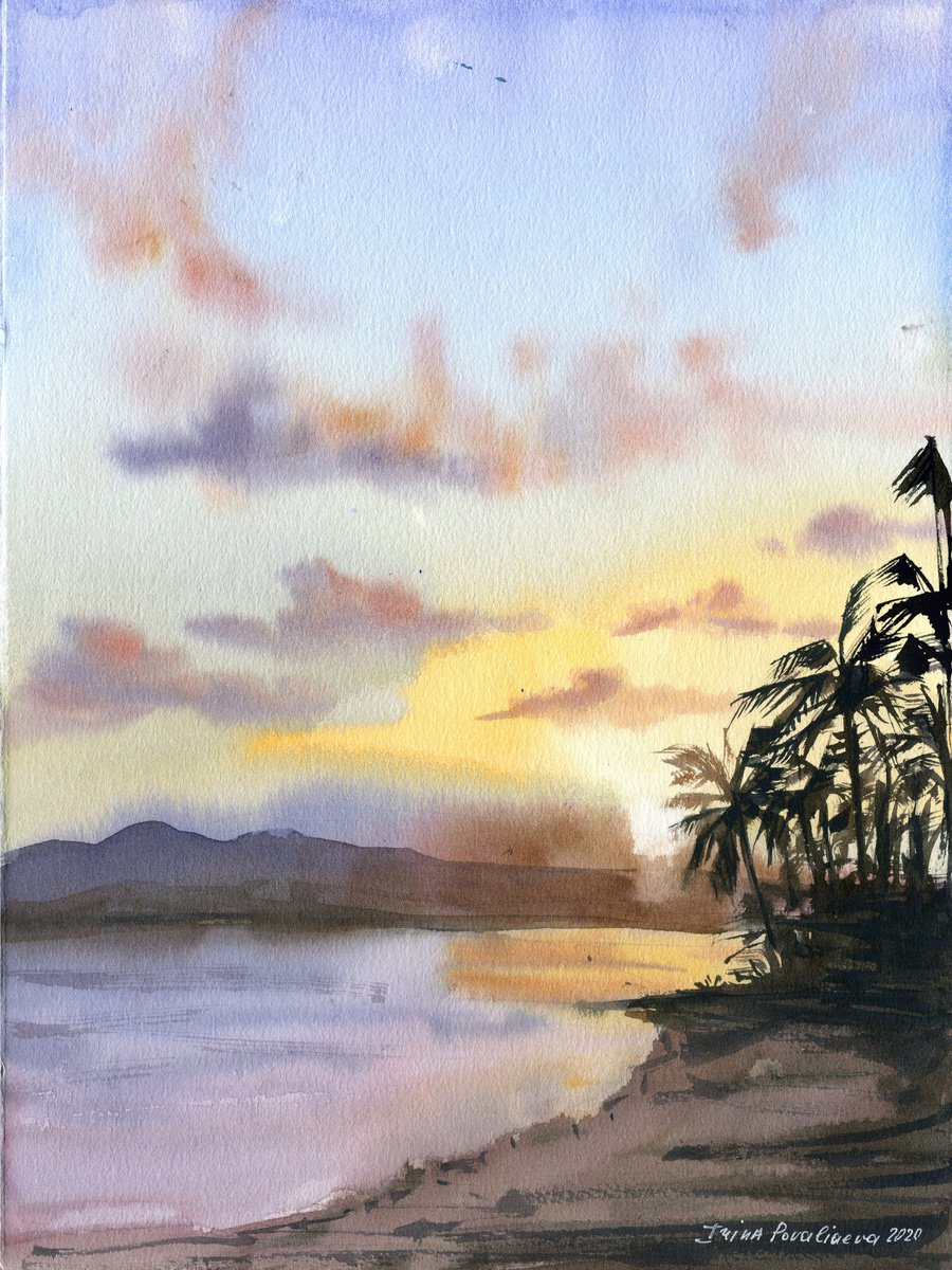Hawaii sunset original watercolor painting, 28 x 38 cm, blue sky, palm trees art, gift for... by Irina Povaliaeva
