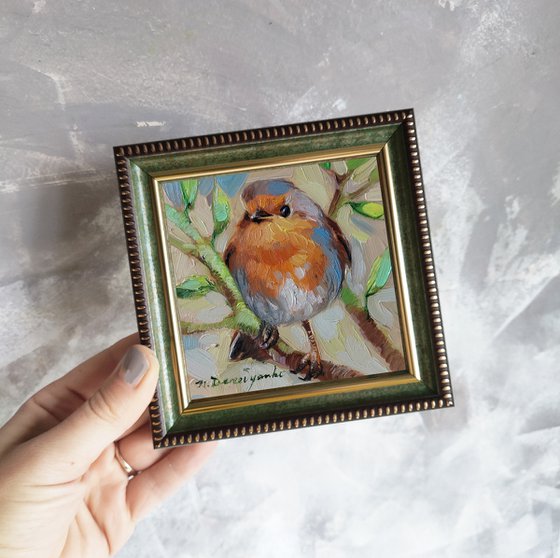Robin bird oil painting original framed, Small bird painting for bird lovers