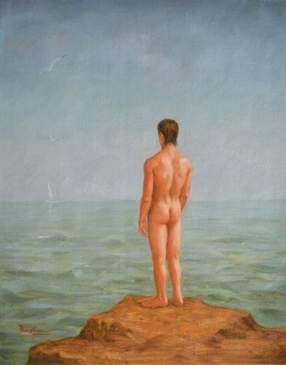 Original Oil painting art male nude boy on linen  #16-10-8