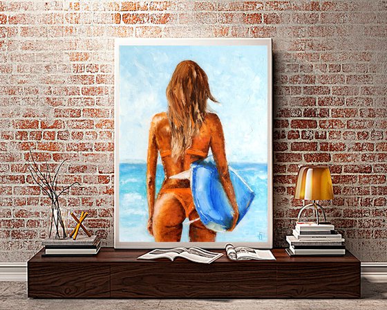 Fresh wind, Surfer Girl Painting Original Art Surf Artwork Coastal Wall Art 40x50 cm ready to hang
