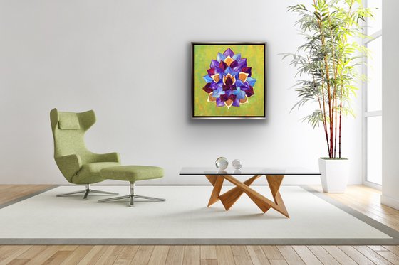 Mandala of blue and purple figs on a green background - Framed mixed media painting