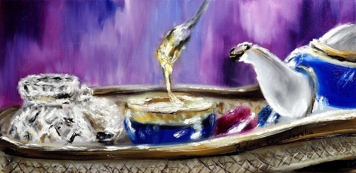 Impressionistic Still Life Oil Painting By Ruslana Levandovska, 16 X 8", Tea And Honey, Original Artwork