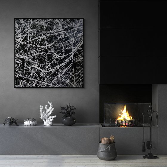 Scatter Brain Squared 150cm x 150cm Black White Textured Abstract Art