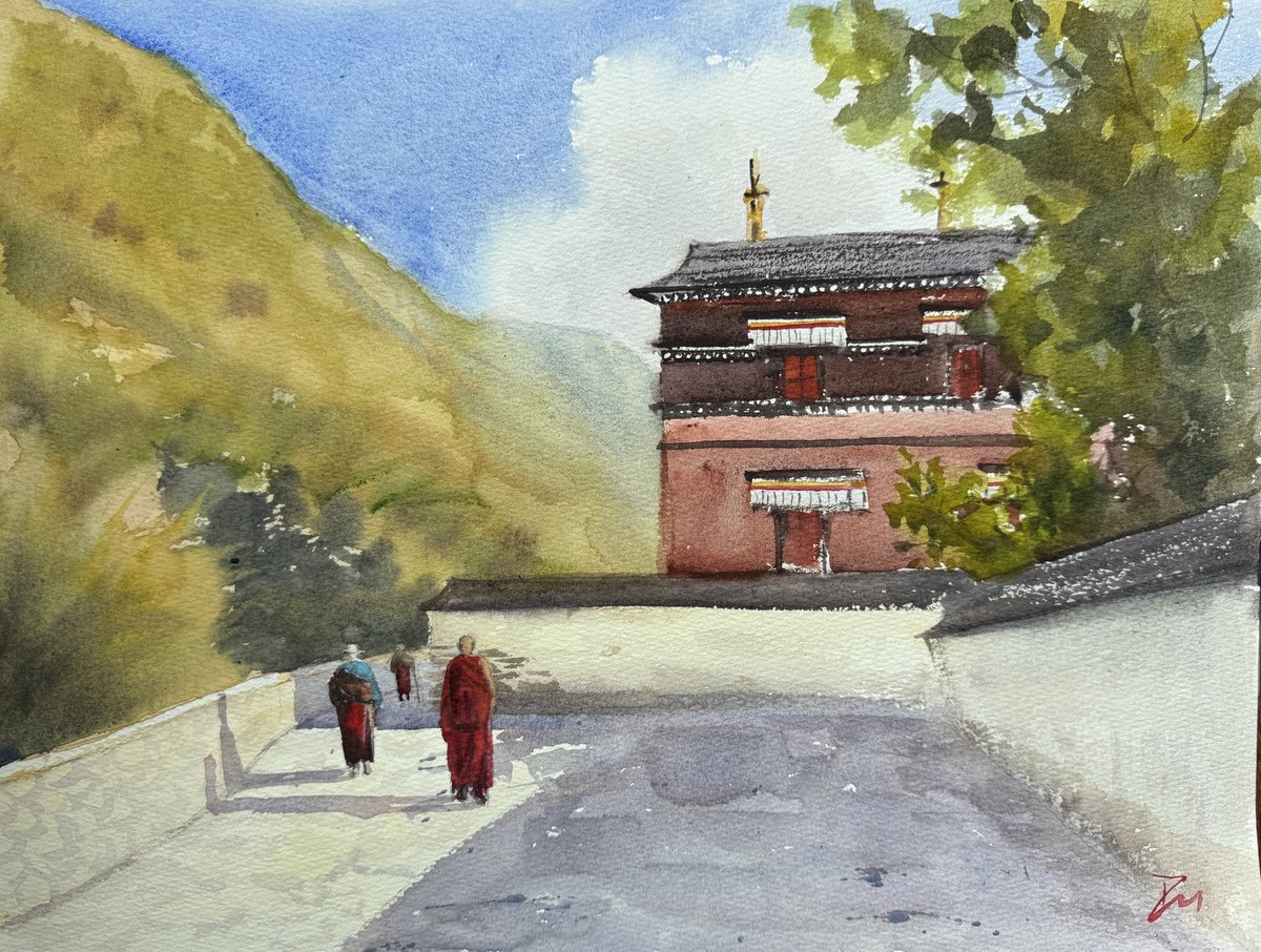 Impressionistic Landscape Watercolour By Shelly Du, 16 X 12", Prayers At Labrang Monastery, Original Artwork