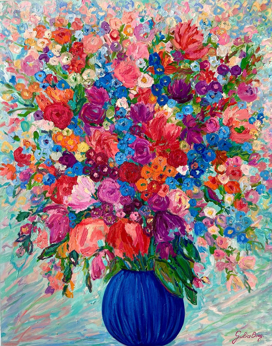 Expressive Botanical Oil Painting By Julia Borg, 28 X 35", "Summer Bouquet", Original Artwork