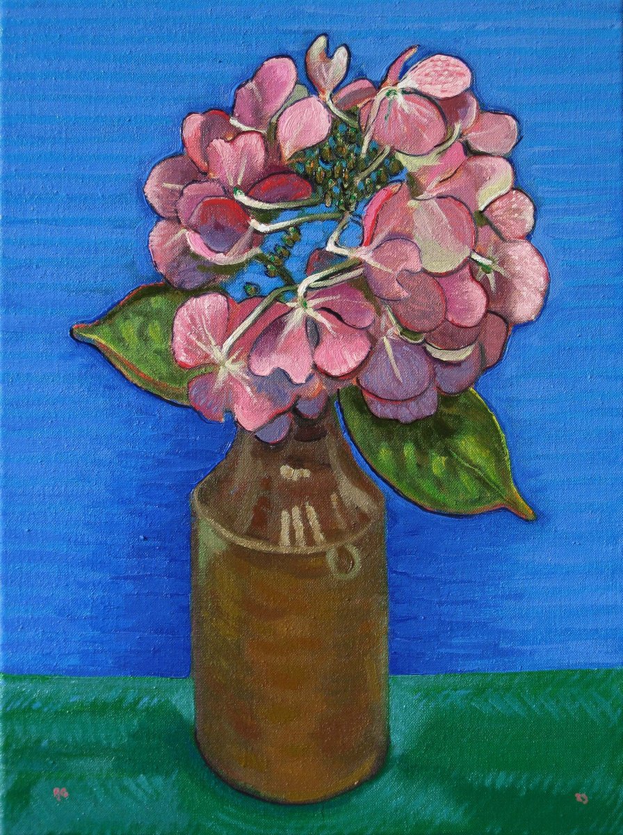 Botanical Oil Painting By Richard Gibson, 12 X 16", Hydrangea In A Jar, Original Artwork