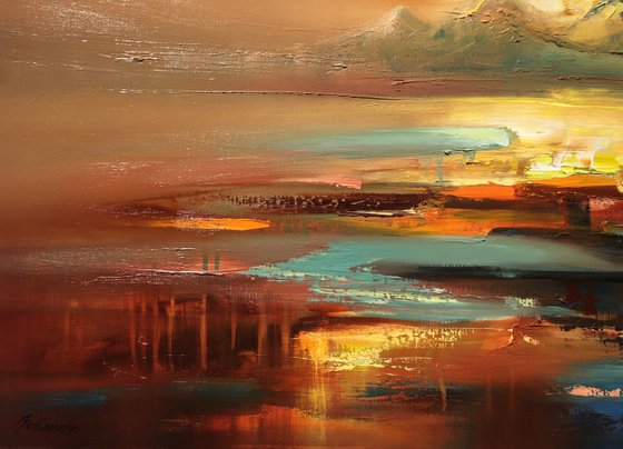 The Promise of a New Day - 70 x 100 cm abstract landscape oil painting in brown and yellow