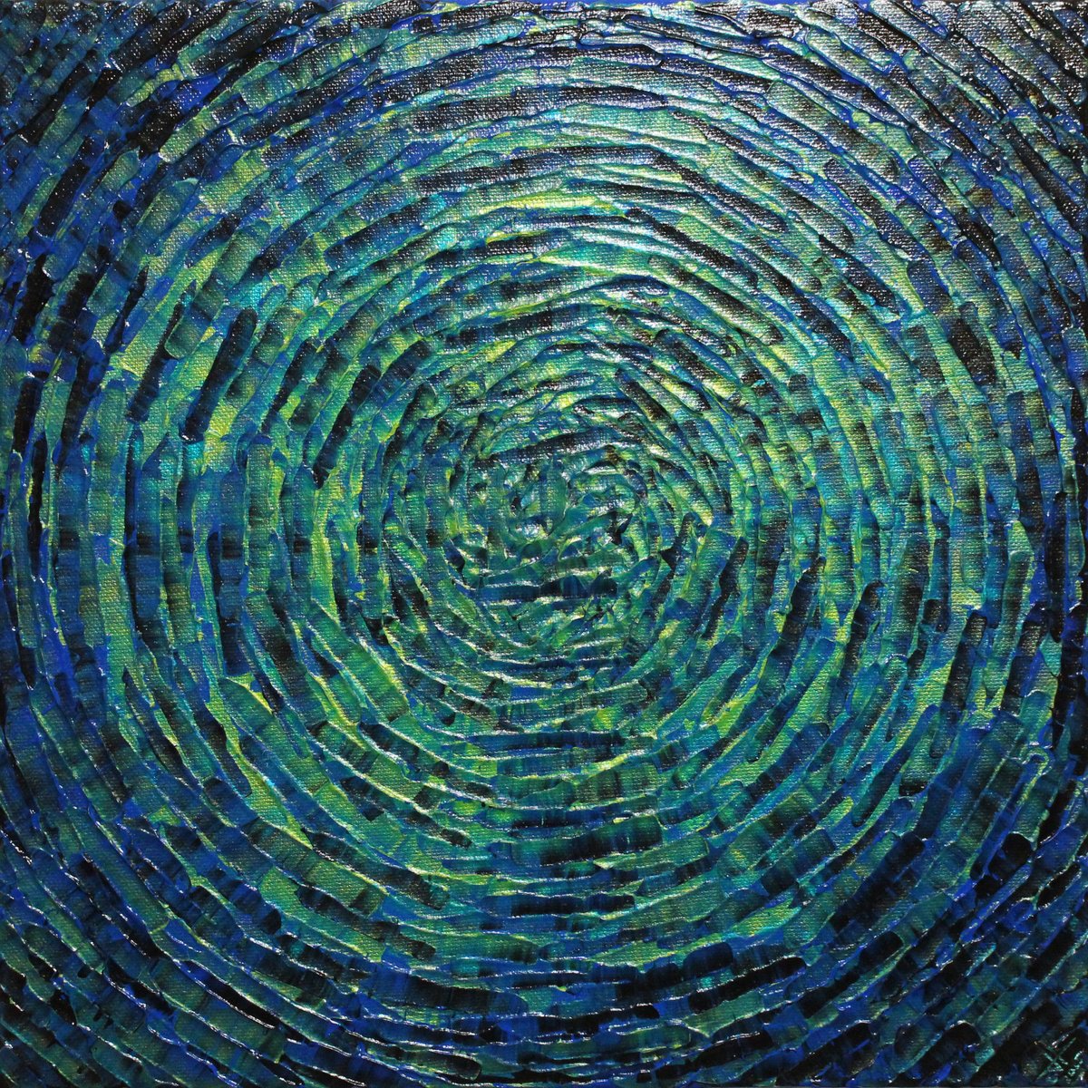 Abstract Acrylic Painting By Jonathan Pradillon, 12 X 12, Concentric Green-Blue Shine, Original Artwork