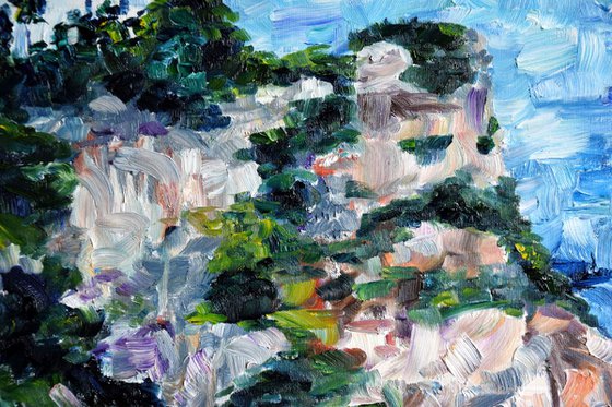 Greece island seascape large oil painting on canvas, monastery on mountain, coastal home decor