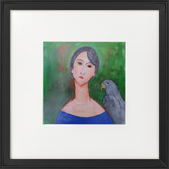 Woman Blue Dress Grey Parrot