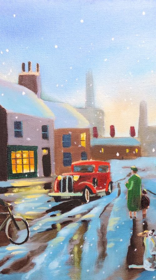 Winter street scene oil painting "New car in town" by Gordon Bruce
