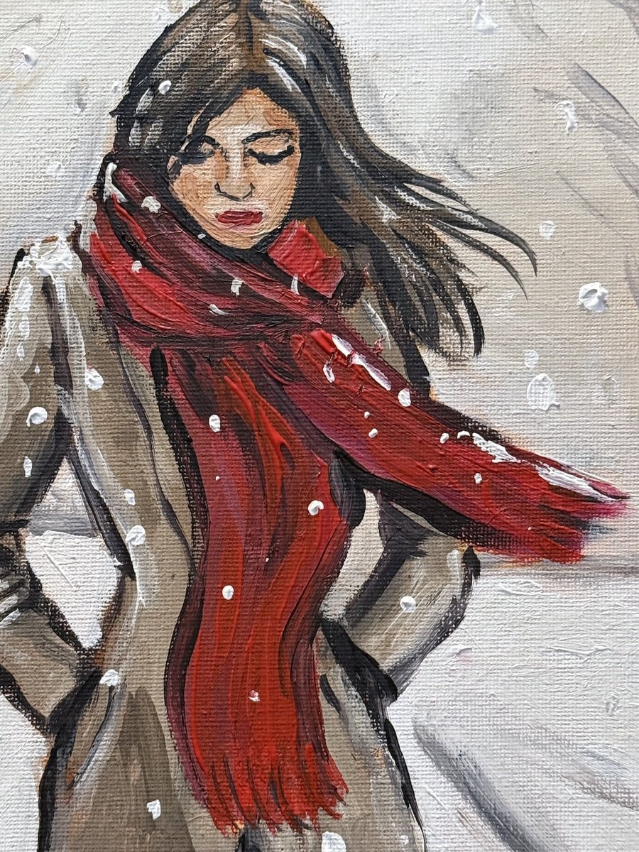 Impressionistic Portrait Acrylic Painting By Aisha Haider, 12 X 16, Walking In The Snowfall, Original Artwork