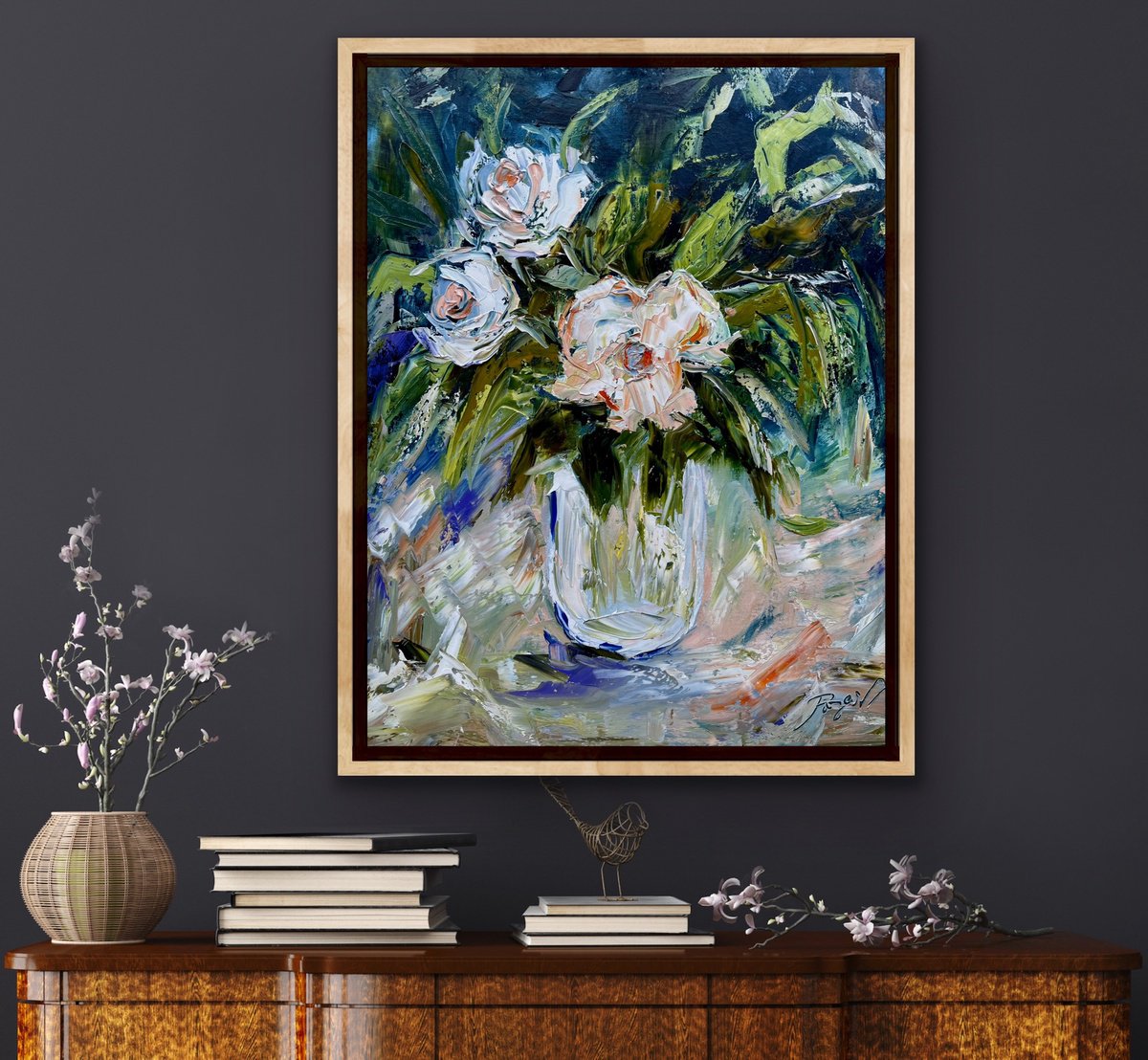 Expressive Botanical Oil Painting By Pooja Verma, 16 X 20", Tropical Flowers And A Vase, Original Artwork