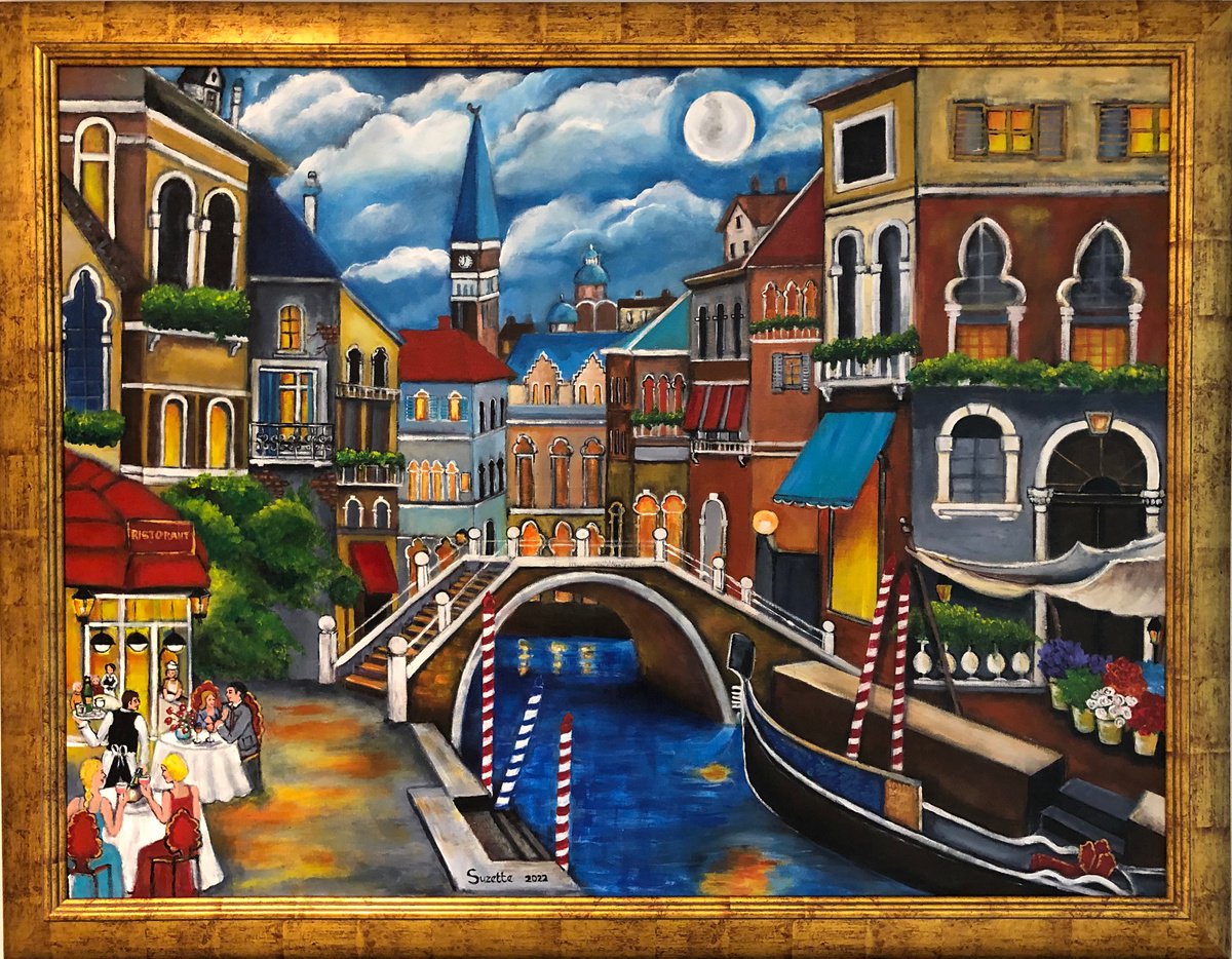 Naive Cityscapes Acrylic Painting By Suzette Datema, 50 X 39", City Of Romance, Original Artwork