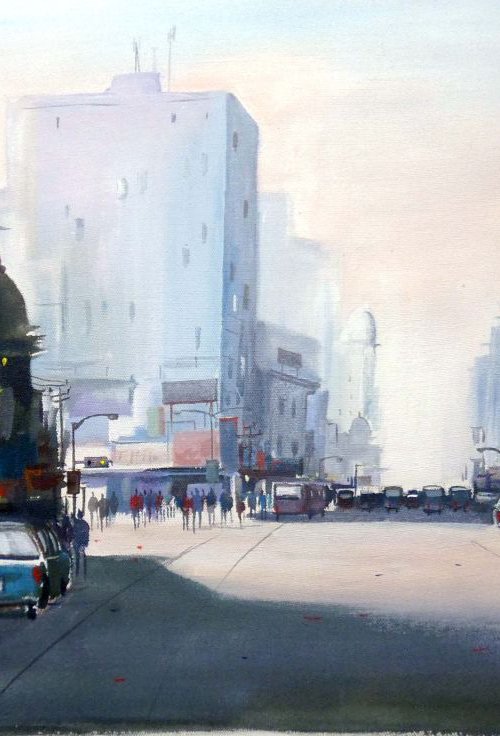 City Morning-Acrylic on canvas by Samiran Sarkar