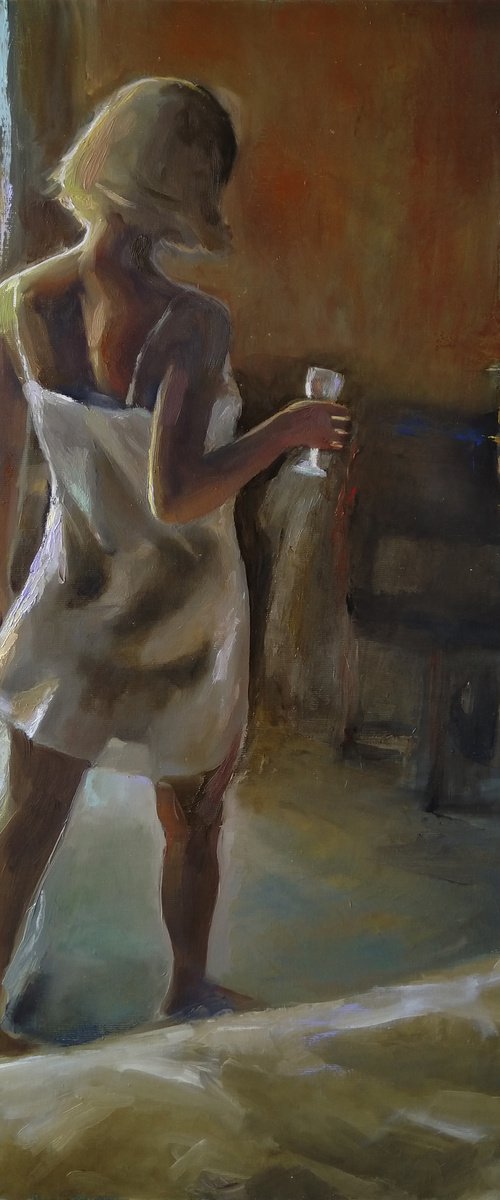 Tender morning 50x60cm ,oil/canvas, impressionistic figure by Kamsar Ohanyan