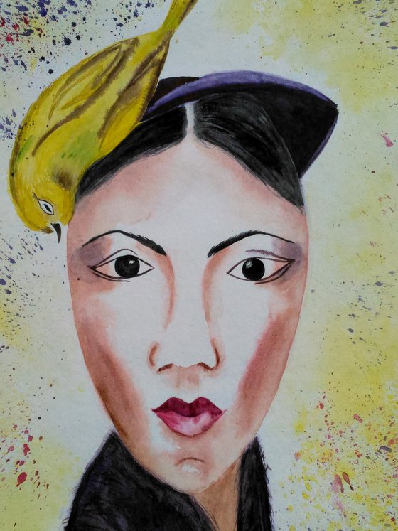 Woman with Goldfinch original watercolor painting