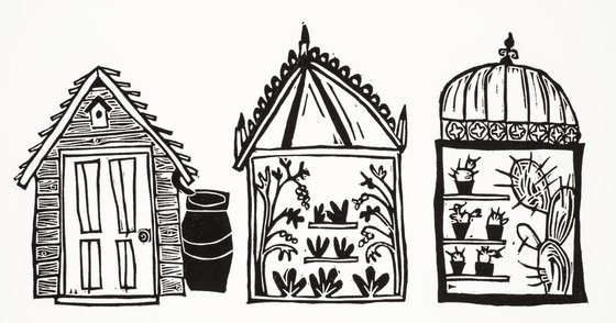Shed, glasshouse, hothouse - lino cut print