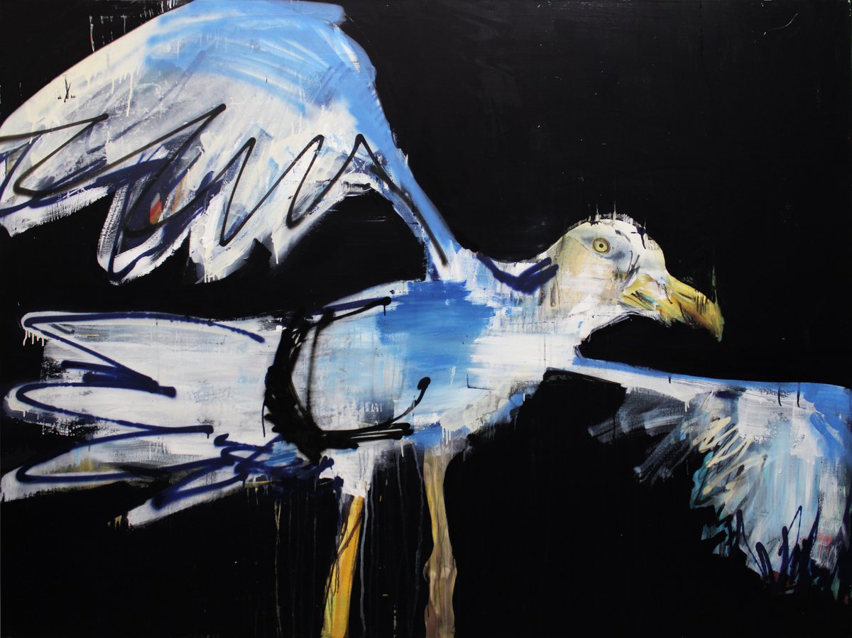 Expressive Animal Oil Painting By Milos Hronec, 79 X 59", A Short Meeting, Original Artwork