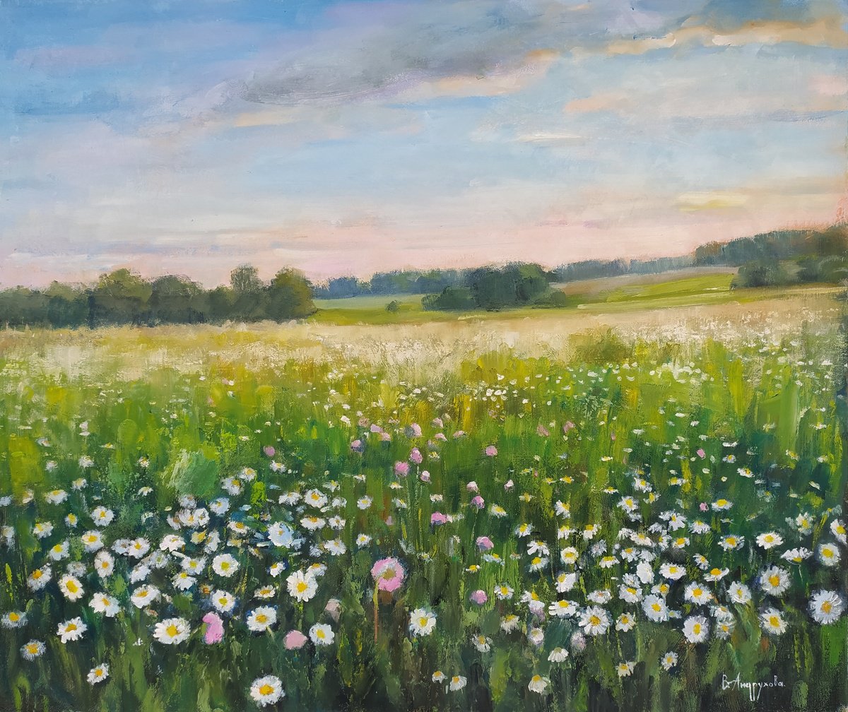 Impressionistic Landscape Oil Painting By Valentina Andrukhova, 24 X 20", Field Of Daisies, Original Artwork