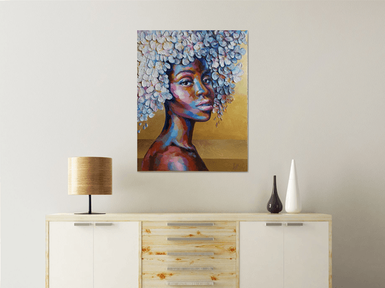 Black girl with white flowers