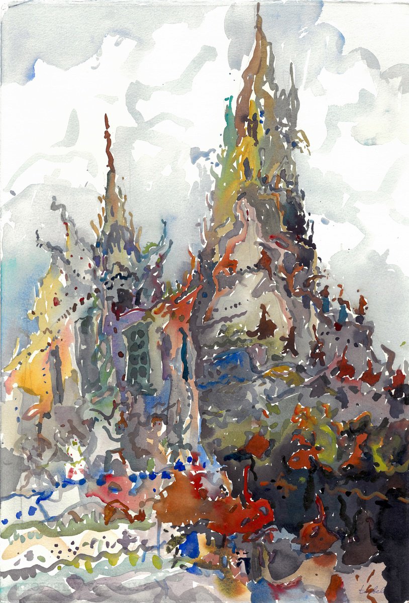 Impressionistic Cityscapes Watercolour By Tanbelia, 15 X 22", Wat Arun Temple, Original Artwork