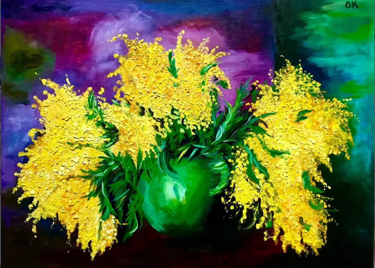 Impressionistic Botanical Oil Painting By Olga Koval, 30 X 22", Mimosas In Vase, Original Artwork