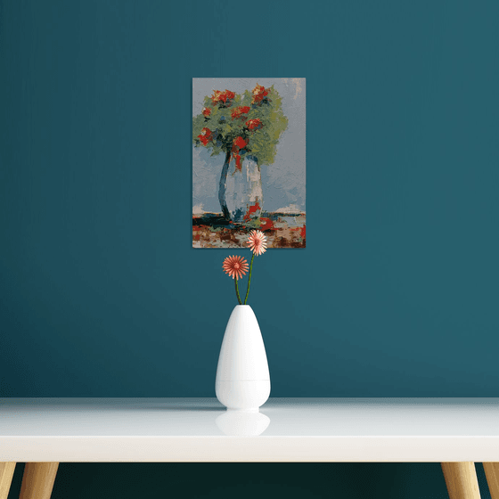 Modern still life painting. Flowers in vase