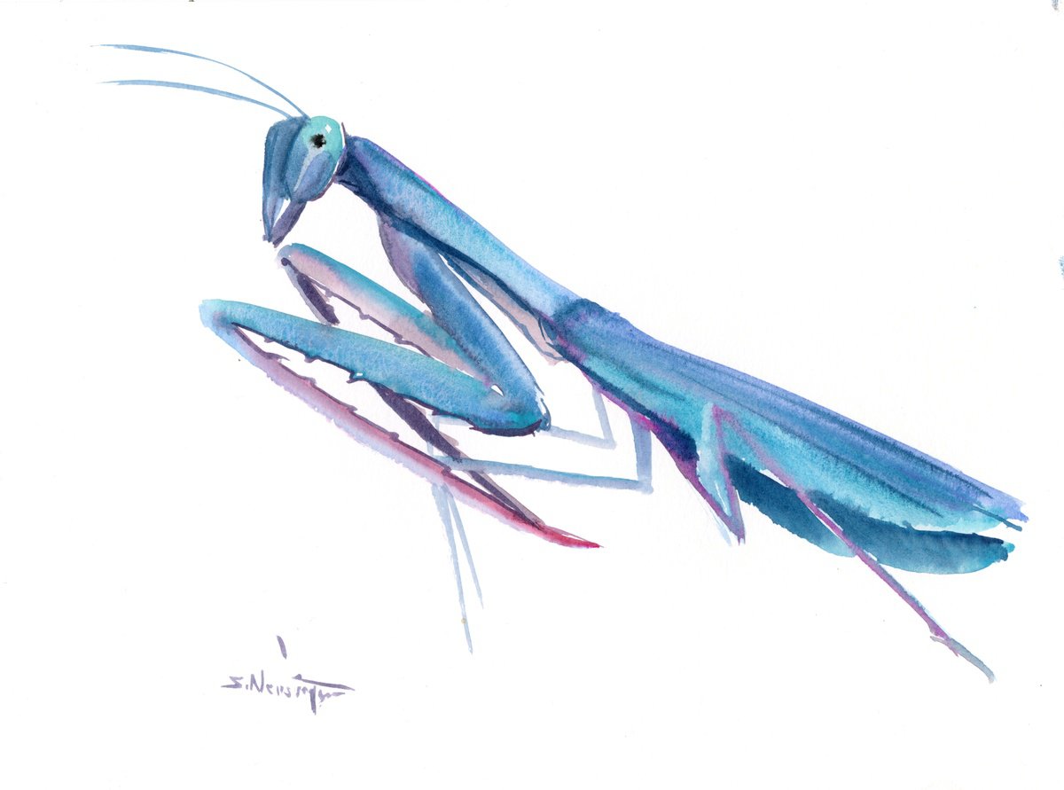 Blue Praying Mantis Watercolour by Suren Nersisyan | Artfinder