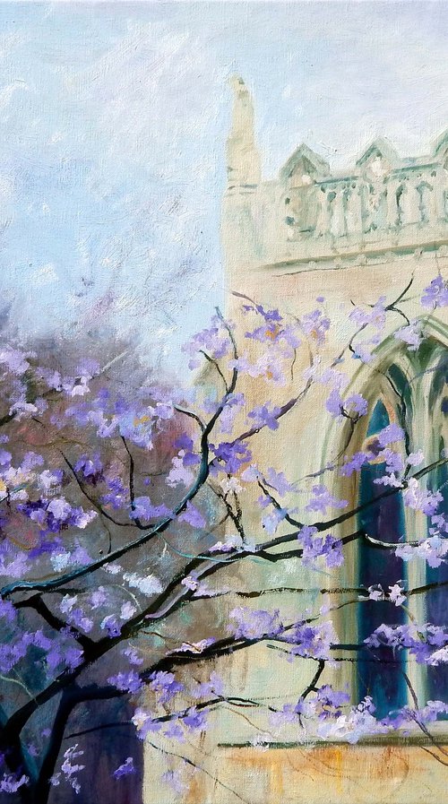 Peterborough cathedral with purple blossom by Richard Freer