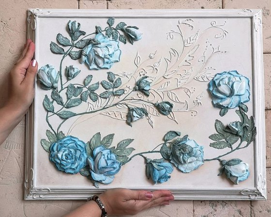 Blue flowers - a framed relief landscape painting with blue roses on a white background, original textured wall relief, decor, bas relief, home decor, gift idea, 55x45x6 cm