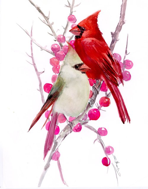 Cardinal Birds watercolor artwork by Suren Nersisyan