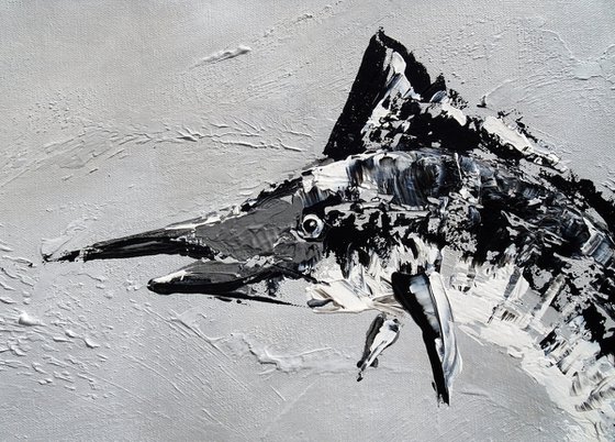 OCEAN SURPRISE. Large Gray Abstract Painting of Fish Jumping out of the Water
