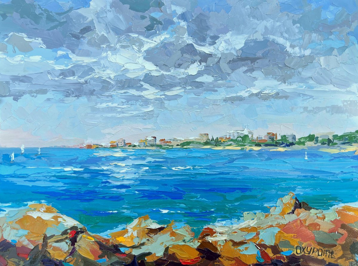 Impressionistic Landscape Oil Painting By Oxypoint, 16 X 12", "Stones, Sea And Clouds", Original Artwork