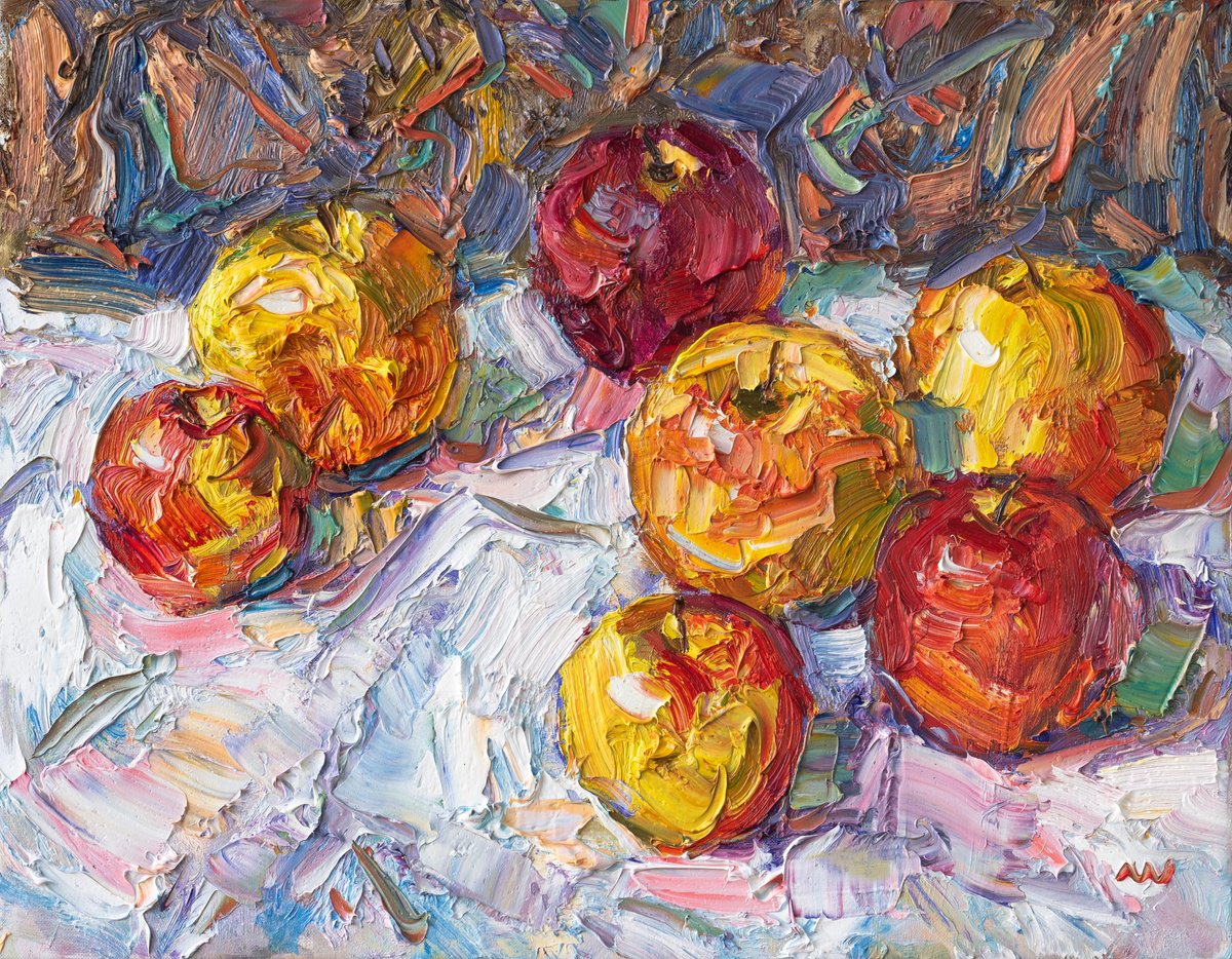 Impressionistic Still Life Oil Painting By Vasyl Moldavchuk, 18 X 14", Apples, Original Artwork