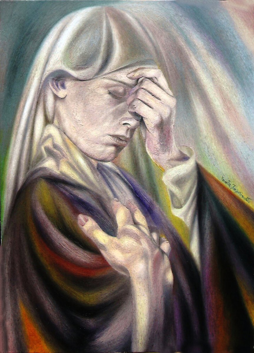 Expressive Portrait Oil Painting By Paola Imposimato, 20 X 28", In Prayer, Original Artwork