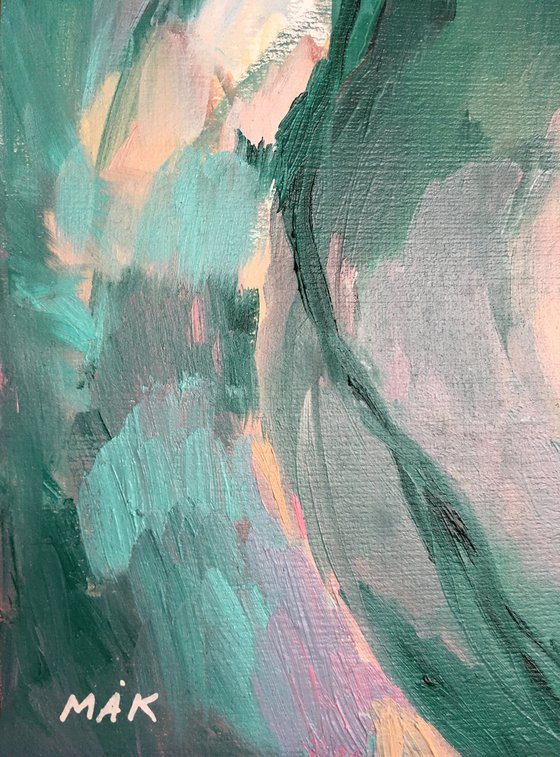 NAKED IN EMERALD - erotic semi-abstract wall art with a naked woman in pink and sky-blue colors