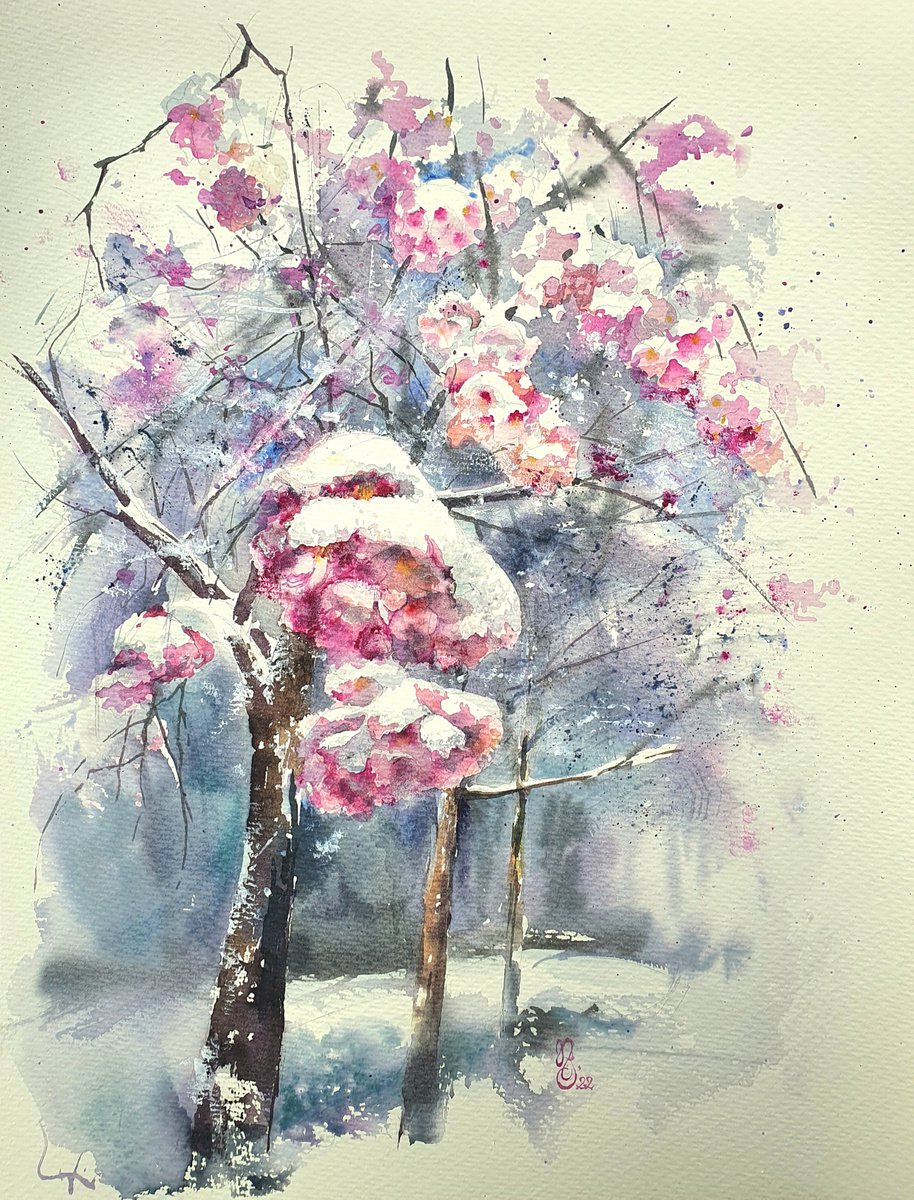 Impressionistic Landscape Watercolour By Sonata Art, 17 X 20", Snowfall And Blooming In Munich, Original Artwork
