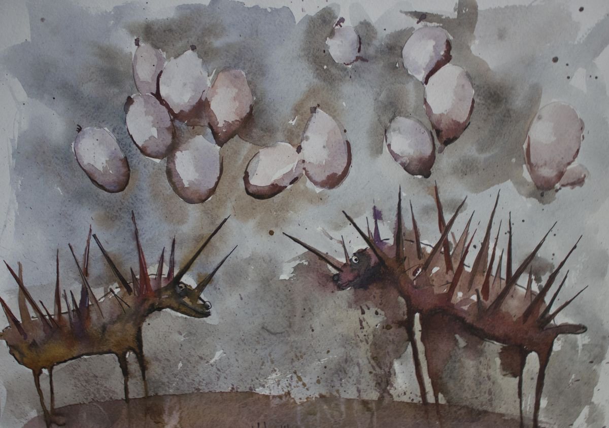 Expressive Animal Watercolour By Eugene Gorbachenko, 17 X 12, Two Mushrooms Play With Balls, Original Artwork