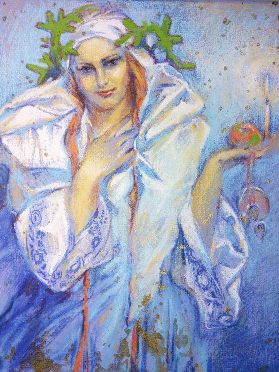Christmas celebrating. Woman with a candle.Tribute to  Alphonse Mucha