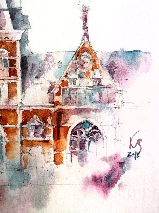 "Rijksmuseum Building. Amsterdam Netherlands" architectural landscape - Original watercolor painting