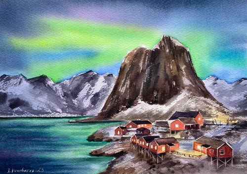 "Arctic Glow" original watercolor paintint, seascape, blue colors, northen lights, nautical art by Irina Povaliaeva